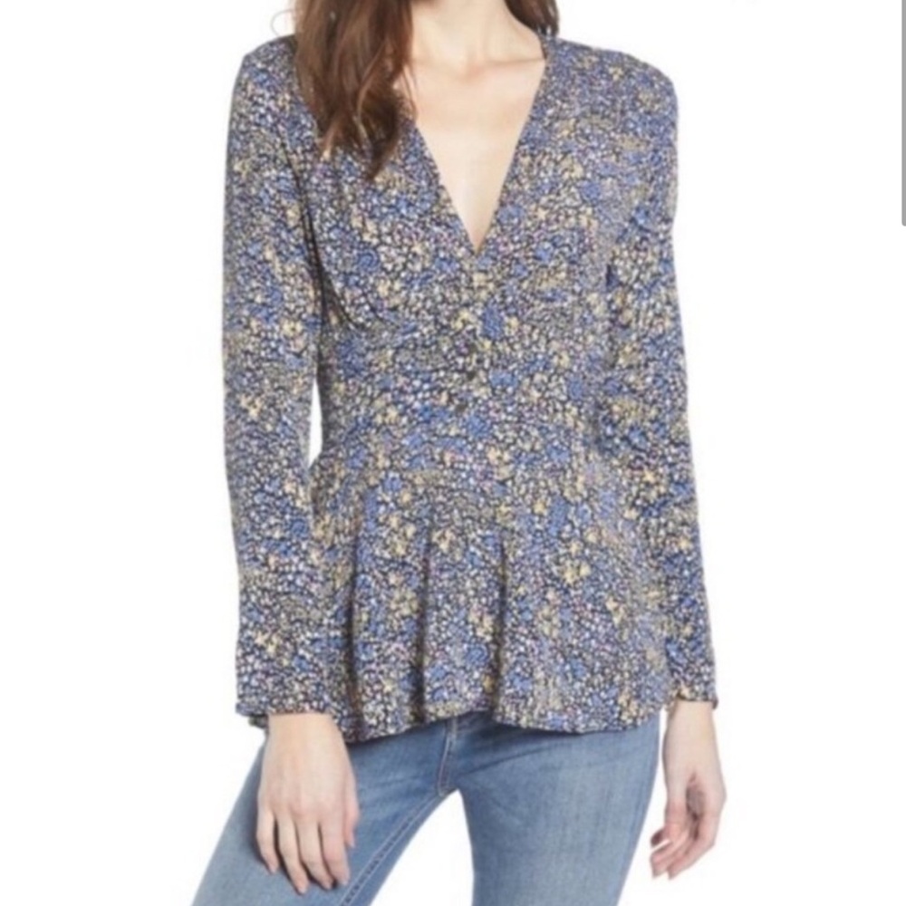 ✅ Nordstrom Leith small Blue ditsy floral flower Smocked Peplum Blouse top shirt